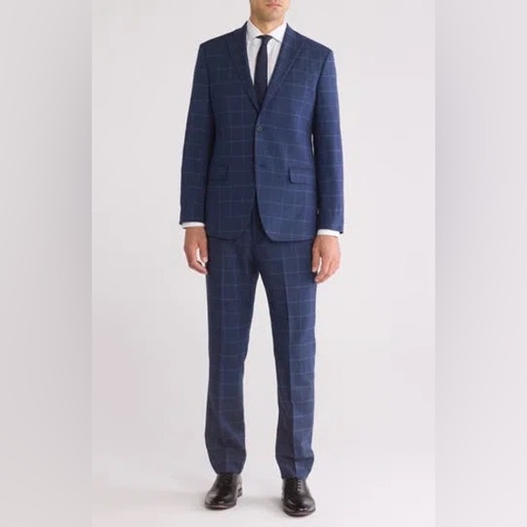 NWT- NORDSTROM RACK Windowpane Trim Fit Suit Pants, Navy Brianza Plaid, 36X32 - Picture 1 of 10